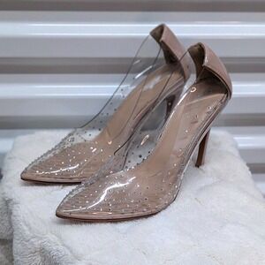 Mob Wife Y2K Nude Clear Rhinestone Pumps Pointed Toe Heels Size 9 Torta Caliente
